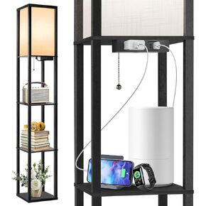 OUTON Floor Lamp with Shelves, LED Shelf Floor Lamp with 1 USB & 1 Type C Ports, 1 AC Outlet, 3 Color Temperature, Storage Display Wood Column Tall Standing Lamp for Living Room, Bedroom Office, Black