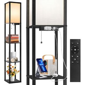 مصباح أرضي OUTON مع أرفف، مصباح أرضي LED على الرف مع 1 منافذ USB و1 نوع C، 1 مخرج تيار متردد، 3 درجة حرارة اللون، عرض تخزين عمود خشبي طويل القامة لغرفة المعيشة، مكتب غرفة النوم، أسود in Kuwait