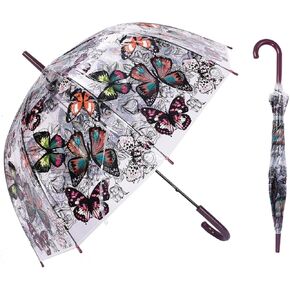 ThreeH Women's Clear Bubble Umbrella Transparent Dome Coverage Windproof Rainproof with Beautiful Buttefly Flower Patterns