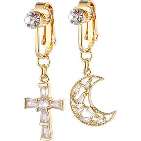 2Pcs CZ Cross Moon Fake Belly Button Rings for Women Stainless Steel Non Piercing Clip On Belly Navel Rings Non Pierced Dangle Belly Barbell Fake Belly Piercing Jewelry