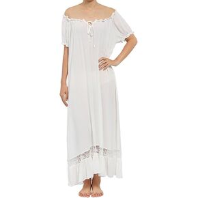 Women's 100% Cotton Off The Shoulder Lace Victorian Nightgown Sleepwear Long Beach Dress