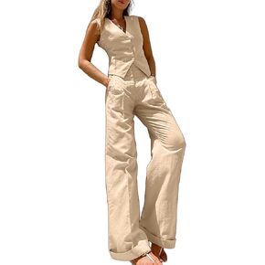 Vaceky Linen Blazer Sets Women Summer 2 Piece Suit Vest Dress Pant Business Casual Outfit