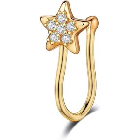 Star Fake Nose Rings for Women Sterling Silver Cubic Zirconia Nose Cuffs Adjustable Clip On Nose Rings U-Shaped Non Piercing Nose Jewelry