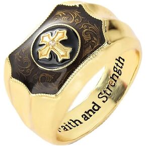 Men's Rings, Gold Ring 18K Gold Rings Plated Brass Black Onyx Cross Faith and Strength Men's Rings Cross Ring Wedding Band Bible Engraved Rings High Polished（10）