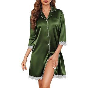 Ekouaer Silk Nightgowns for Women Satin Nightshirt Button Down Sleepshirt 3/4 Sleeve Sleepwear V Neck Sleep Dress
