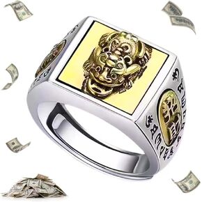 Feng Shui Pixiu Mantra Ring, Anillo Pixiu Feng Shui Ring for Men Women, Adjustable Wealth and Protection Good Luck Money Amulet, Buddhist Wide Surface Ring