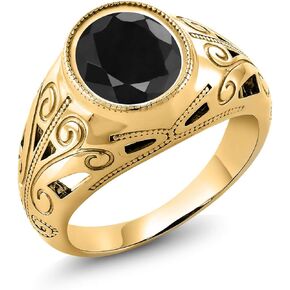 Gem Stone King 6.00 Ct Oval Black Sapphire 18K Yellow Gold Plated Silver Men's Ring