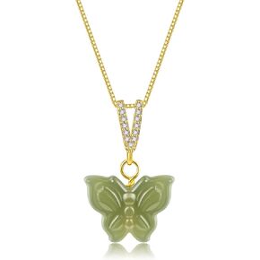 Natural Hetian Jade Necklace, Bag Shaped Jade Pendant Jewelry Chain for Women, Lucky Green Jade Handmade Jewelry Gifts for Mom Lover Girls Her (925 Sterling Silver with Gold Plated)
