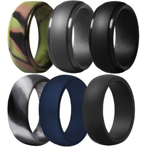 Silicone Wedding Ring for Men, 6 Pack Breathable Silicone Rubber Wedding Bands Durable Silicone Ring - 8.7 mm Wide(Camo,Navy Blue,Dark Grey,Black)