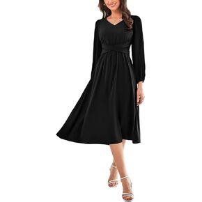 GRACE KARIN Women's Chiffon Dresses V Neck Long Sleeve Smocked Waist A-Line Midi Length Wedding Guest Dress