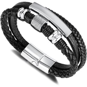 Genuine Leather Bracelets for Men Stainless Steel Clip, Men's Casual Genuine Multi-layer Leather Cuff Bracelet, Genuine Leather Bracelet Gift for Real Men