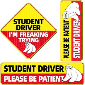 3 Pack Student Driver Magnet for Car Funny Reflective Sloth Sticker for New Drivers Please Be Patient Student Driver Magnetic Sticker Highly Reflective, Yellow Red Vehicle Safety Signs