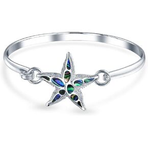 Personalized Nautical Beach Vacation Honeymoon Created Blue Opal Starfish Bangle Bracelet For Women Inlay .925 Sterling Silver Customizable