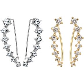 2 Pairs Gold Silver Earcuffs Earrings for Women Cartilage Piercing -Hypoallergenic Ear Cuffs Crystal Ear Crawler Cuff Earrings Set - Cubic Zirconia Ear Climber for Women Fashion (Gold Silver)