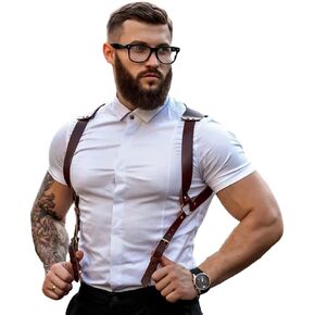 BaronHong PU Leather Renaissance Suspenders,Vintage Men's Back Support Harness,Metal Hooks for Men,Steampunk,Handmade