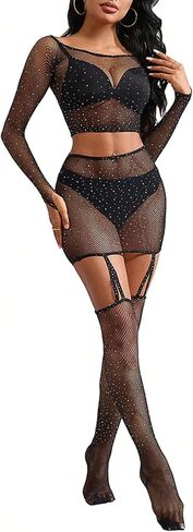 OYOANGLE Women's One Pieces Lingerie Outfit Glitter Contrast Mesh Cut Out Long Sleeve Teddy Babydoll with Stocking in Saudi Arabia