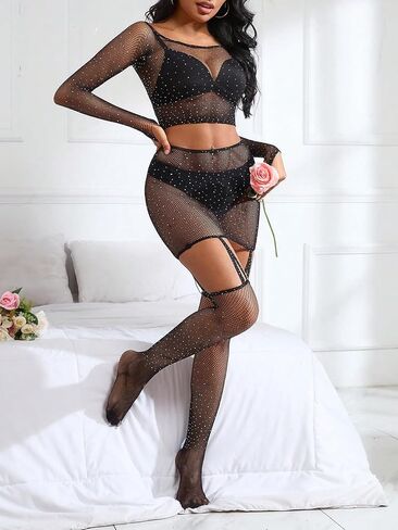 OYOANGLE Women's One Pieces Lingerie Outfit Glitter Contrast Mesh Cut Out Long Sleeve Teddy Babydoll with Stocking in Saudi Arabia