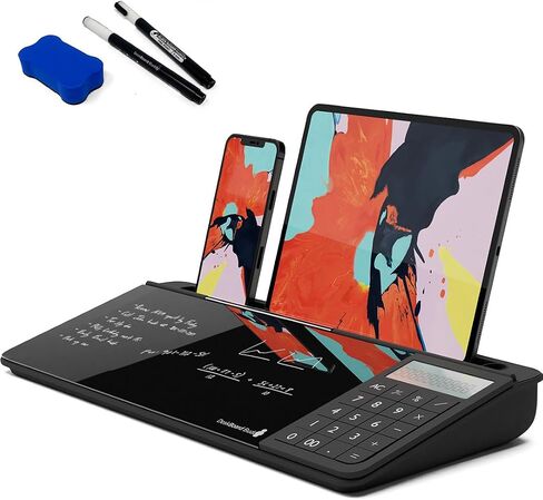 سبورة بيضاء لسطح المكتب من DeskBoard Buddy مع آلة حاسبة + 2 قلم تحديد - لوحة حامل للمسح الجاف للمكتب باللون الأسود لسطح طاولة الكمبيوتر - حجم صغير، محمول، لوح ملاحظات زجاجي على سطح الطاولة مع حامل قلم تحديد صغير in Kuwait