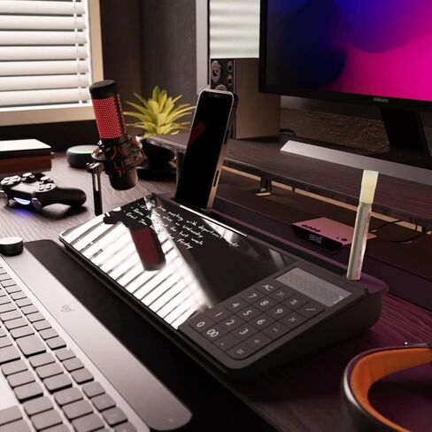 سبورة بيضاء لسطح المكتب من DeskBoard Buddy مع آلة حاسبة + 2 قلم تحديد - لوحة حامل للمسح الجاف للمكتب باللون الأسود لسطح طاولة الكمبيوتر - حجم صغير، محمول، لوح ملاحظات زجاجي على سطح الطاولة مع حامل قلم تحديد صغير in Kuwait