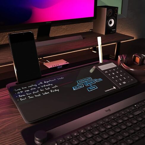 سبورة بيضاء لسطح المكتب من DeskBoard Buddy مع آلة حاسبة + 2 قلم تحديد - لوحة حامل للمسح الجاف للمكتب باللون الأسود لسطح طاولة الكمبيوتر - حجم صغير، محمول، لوح ملاحظات زجاجي على سطح الطاولة مع حامل قلم تحديد صغير in Kuwait