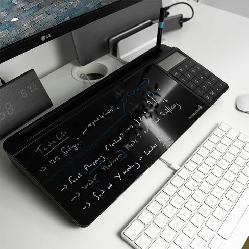 سبورة بيضاء لسطح المكتب من DeskBoard Buddy مع آلة حاسبة + 2 قلم تحديد - لوحة حامل للمسح الجاف للمكتب باللون الأسود لسطح طاولة الكمبيوتر - حجم صغير، محمول، لوح ملاحظات زجاجي على سطح الطاولة مع حامل قلم تحديد صغير in Kuwait