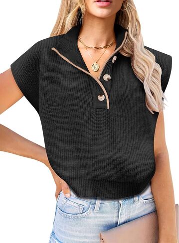 ANRABESS Womens Pullover Sweaters V Neck Button Down Short Sleeve Sweater Vest Loose Casual Knit Tops 2024 Fall Outfits in Saudi Arabia