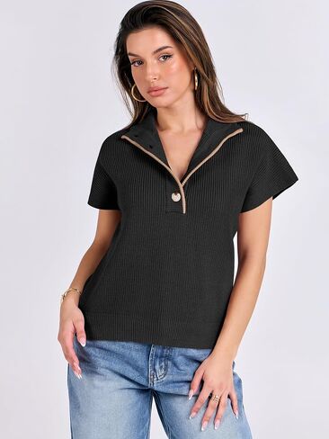 ANRABESS Womens Pullover Sweaters V Neck Button Down Short Sleeve Sweater Vest Loose Casual Knit Tops 2024 Fall Outfits in Saudi Arabia
