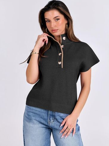 ANRABESS Womens Pullover Sweaters V Neck Button Down Short Sleeve Sweater Vest Loose Casual Knit Tops 2024 Fall Outfits in Saudi Arabia