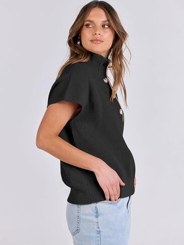 ANRABESS Womens Pullover Sweaters V Neck Button Down Short Sleeve Sweater Vest Loose Casual Knit Tops 2024 Fall Outfits in Saudi Arabia