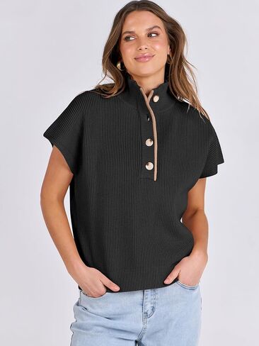 ANRABESS Womens Pullover Sweaters V Neck Button Down Short Sleeve Sweater Vest Loose Casual Knit Tops 2024 Fall Outfits in Saudi Arabia