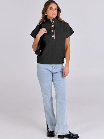 ANRABESS Womens Pullover Sweaters V Neck Button Down Short Sleeve Sweater Vest Loose Casual Knit Tops 2024 Fall Outfits in Saudi Arabia