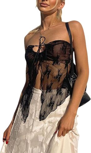 Womens Lace Tube Top Fairy Grunge Crop Tops Y2k Mesh Sexy Sheer Summer Bandeau Strapless Frill Vest Streetwear in Saudi Arabia