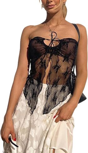 Womens Lace Tube Top Fairy Grunge Crop Tops Y2k Mesh Sexy Sheer Summer Bandeau Strapless Frill Vest Streetwear in Saudi Arabia