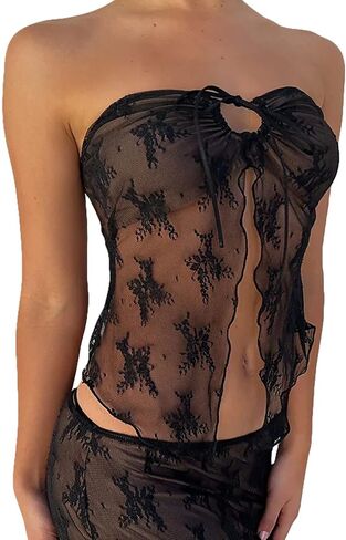 Womens Lace Tube Top Fairy Grunge Crop Tops Y2k Mesh Sexy Sheer Summer Bandeau Strapless Frill Vest Streetwear in Saudi Arabia