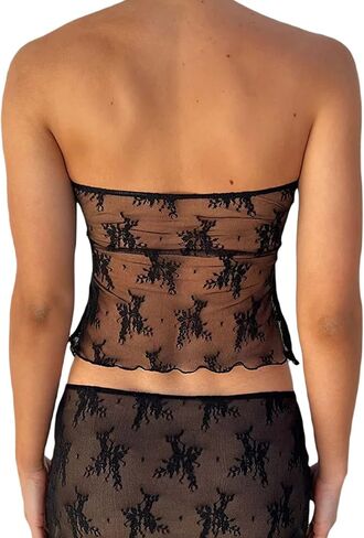 Womens Lace Tube Top Fairy Grunge Crop Tops Y2k Mesh Sexy Sheer Summer Bandeau Strapless Frill Vest Streetwear in Saudi Arabia