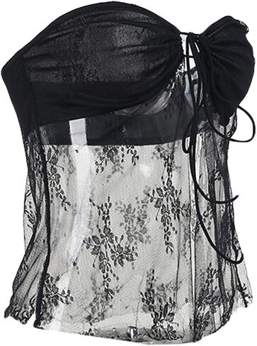 Womens Lace Tube Top Fairy Grunge Crop Tops Y2k Mesh Sexy Sheer Summer Bandeau Strapless Frill Vest Streetwear in Saudi Arabia