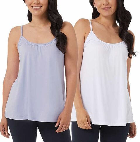 32 Degrees Women's 2-Pack Cool Flowy Bra Camis | with Built-in Cups | Relaxed Fit | Adjustable Spaghetti Strap, White/Light Blue, Large in Saudi Arabia