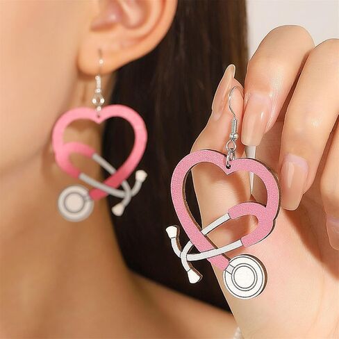 Coadipress Nurse Earrings for Nurse Doctor Colorful Stethoscope Earrings Lightweight Wooden Love Heart Drop Earrings Doctor Nurse Appreciation Jewerly Gifts in Saudi Arabia