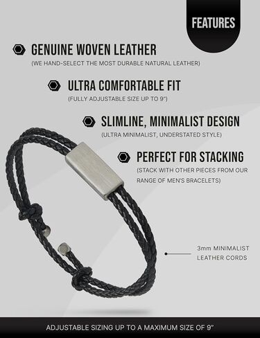 Men’s Adjustable Leather Bracelet | Ultra-Minimalist, Slimline Design | Interwoven Black Leather | Minimalist, Designer Jewelry for Men in Kuwait