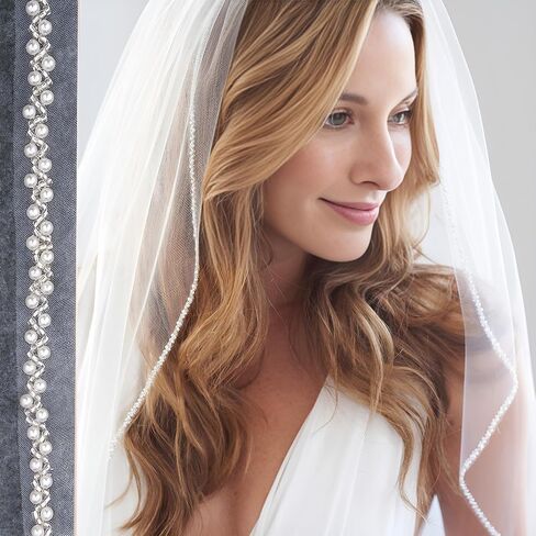 Bridal Veil Pearl Crystal Edge 3D Flower Pearls Wedding Veils with Comb,1 Tier Fingertip Length Short Bride Veils in Saudi Arabia