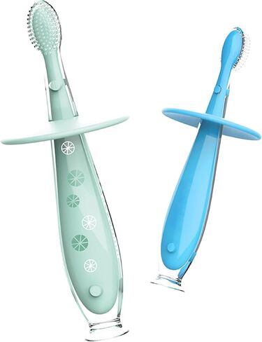 alobeby Baby Toddler Infant Soft Toothbrush: Extra Tooth Brush Age 2-4 6 to 12 Months Silicone Oral Dental Brish Hygiene Medium Pack Small Bristle Toothbrush Bulk (Blue & Green) in Saudi Arabia