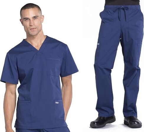 Men Scrubs Set Workwear Professionals WW695 V-Neck Top & WW190 Tapered Leg Fly Front Cargo Pant, Navy- XL Top/XL Pant in Saudi Arabia
