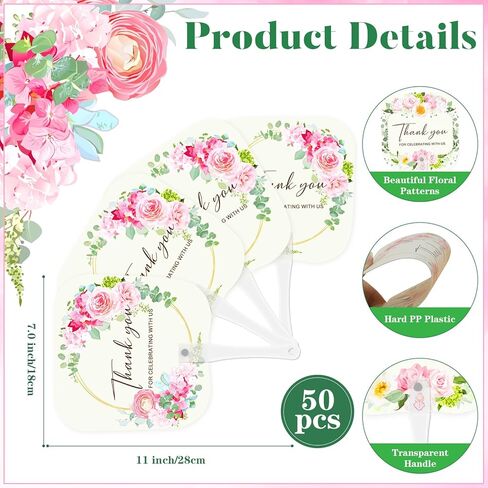 50 قطعة من مراوح الزفاف، مراوح لضيوف حفل الزفاف، مراوح يدوية من البلاستيك للضيوف، شكرًا للاحتفال معنا بمراوح اليد لحفلات الزفاف/الذكرى السنوية/الحفلة/عيد الميلاد (الزهور) in Kuwait