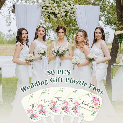 50 قطعة من مراوح الزفاف، مراوح لضيوف حفل الزفاف، مراوح يدوية من البلاستيك للضيوف، شكرًا للاحتفال معنا بمراوح اليد لحفلات الزفاف/الذكرى السنوية/الحفلة/عيد الميلاد (الزهور) in Kuwait