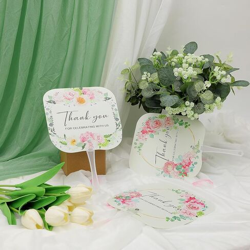 50 قطعة من مراوح الزفاف، مراوح لضيوف حفل الزفاف، مراوح يدوية من البلاستيك للضيوف، شكرًا للاحتفال معنا بمراوح اليد لحفلات الزفاف/الذكرى السنوية/الحفلة/عيد الميلاد (الزهور) in Kuwait