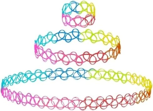 BodyJ4You Choker Henna Tattoo Necklace Bracelet Ring Set - 90s Accessories 80s Old School 2000s Jewelry - Vibrant Pink Blue Rainbow Gothic Black - One Size Women Teen Girl - Stretchy Elastic Plastic in Kuwait