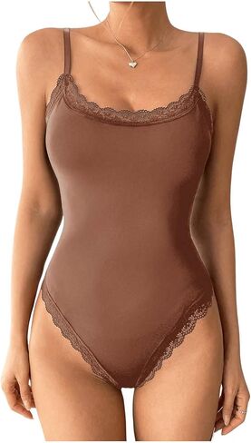 Milumia Women's Sexy Square Neck Lace Trim Spaghetti Strap Cami Bodysuit Jumpsuit Tops in Saudi Arabia