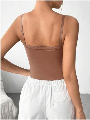 Milumia Women's Sexy Square Neck Lace Trim Spaghetti Strap Cami Bodysuit Jumpsuit Tops in Saudi Arabia
