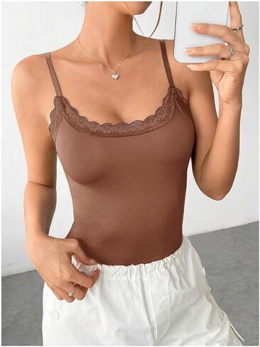 Milumia Women's Sexy Square Neck Lace Trim Spaghetti Strap Cami Bodysuit Jumpsuit Tops in Saudi Arabia