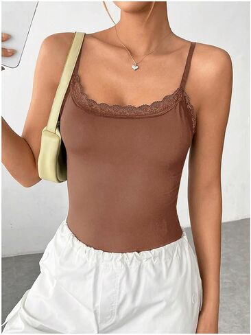 Milumia Women's Sexy Square Neck Lace Trim Spaghetti Strap Cami Bodysuit Jumpsuit Tops in Saudi Arabia